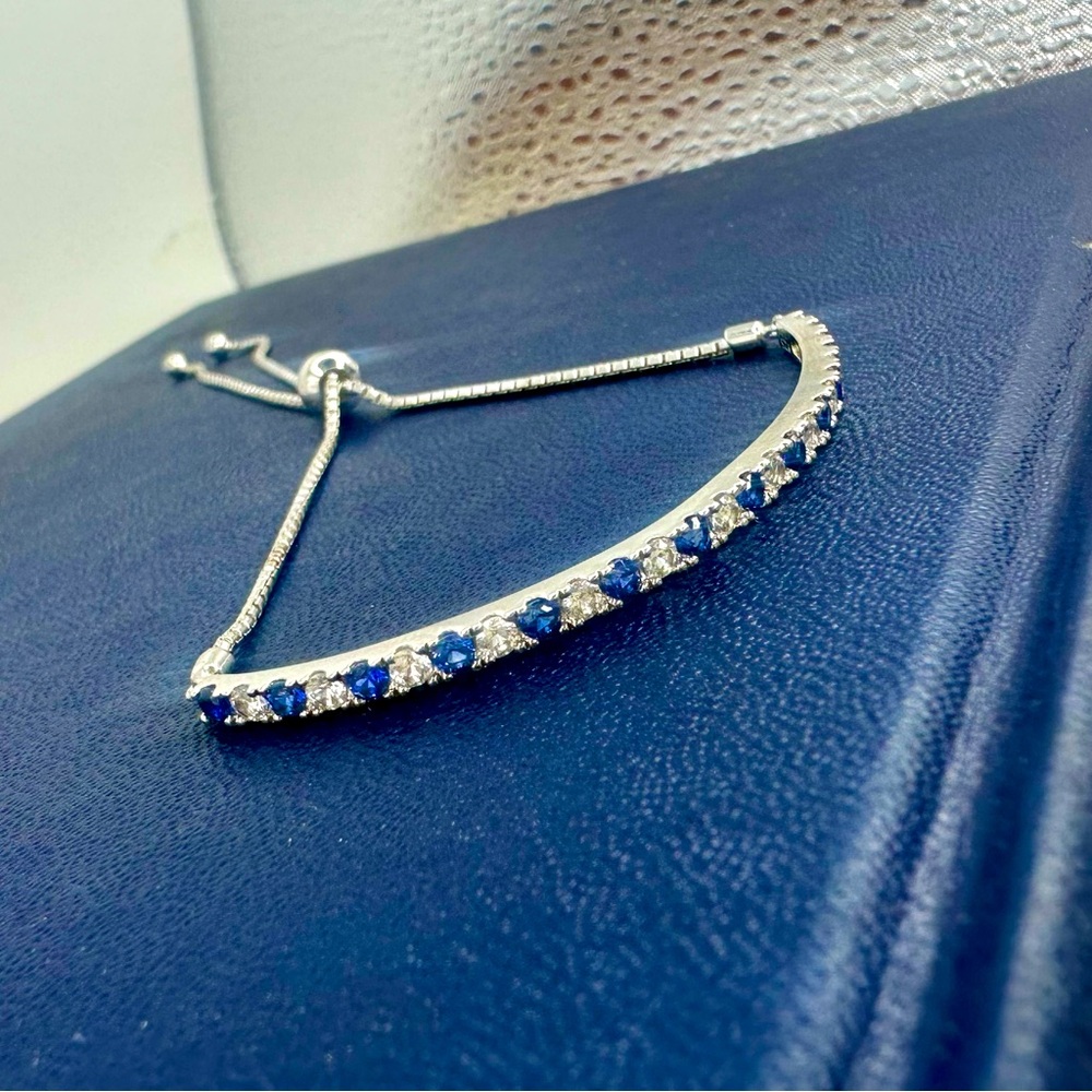 Sapphire & 925 Sterling Silver Signed Fine Adjustable Chain Bracelet 4g